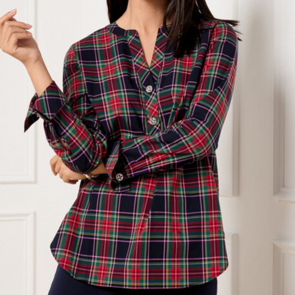 TALBOTS Dashing Plaid Band Collar Tunic Crystal Floral Button Accent M